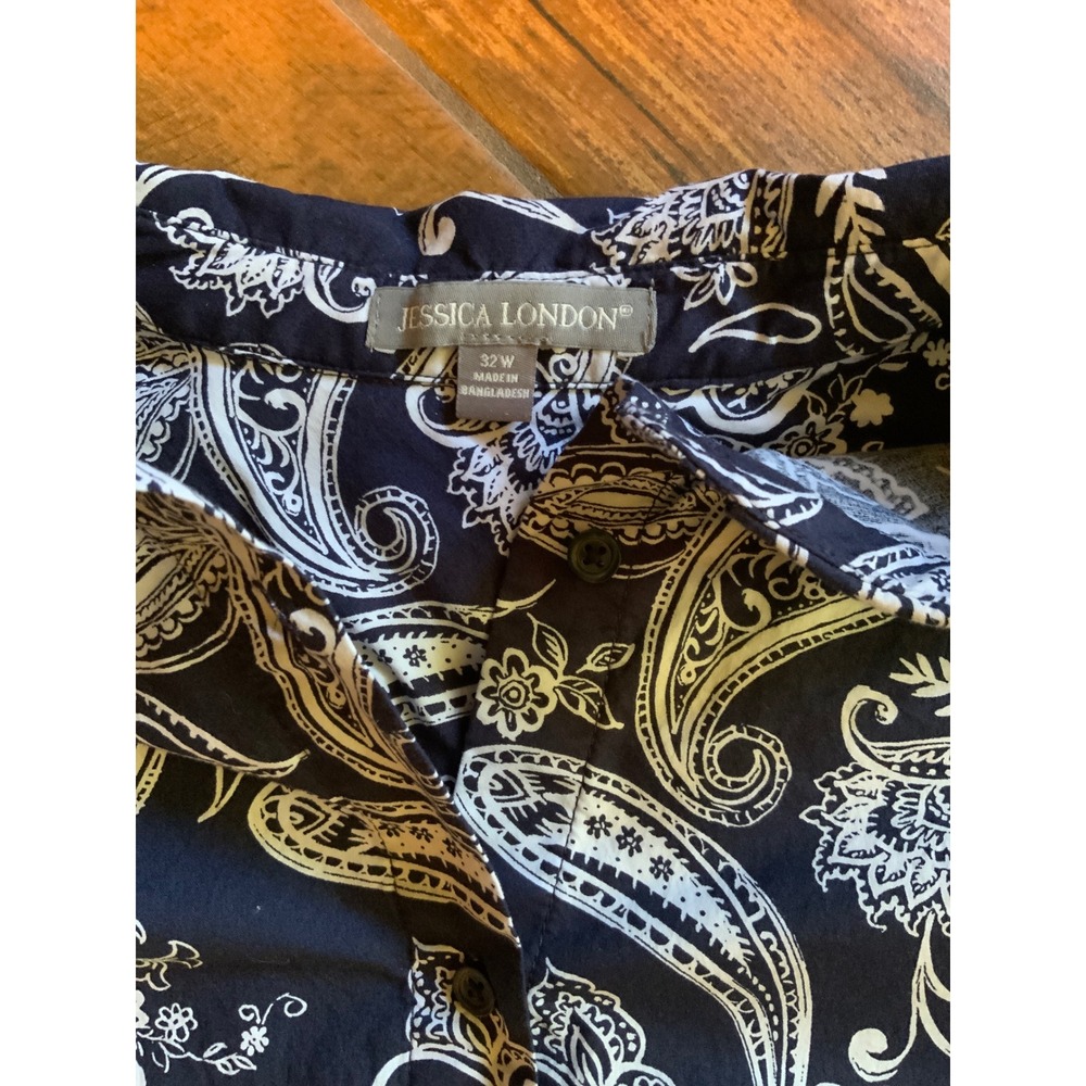 Jessica London NavyWhite Paisley Button Down Tunic Top Plus Size 32W Long Sleeve - Picture 2 of 4